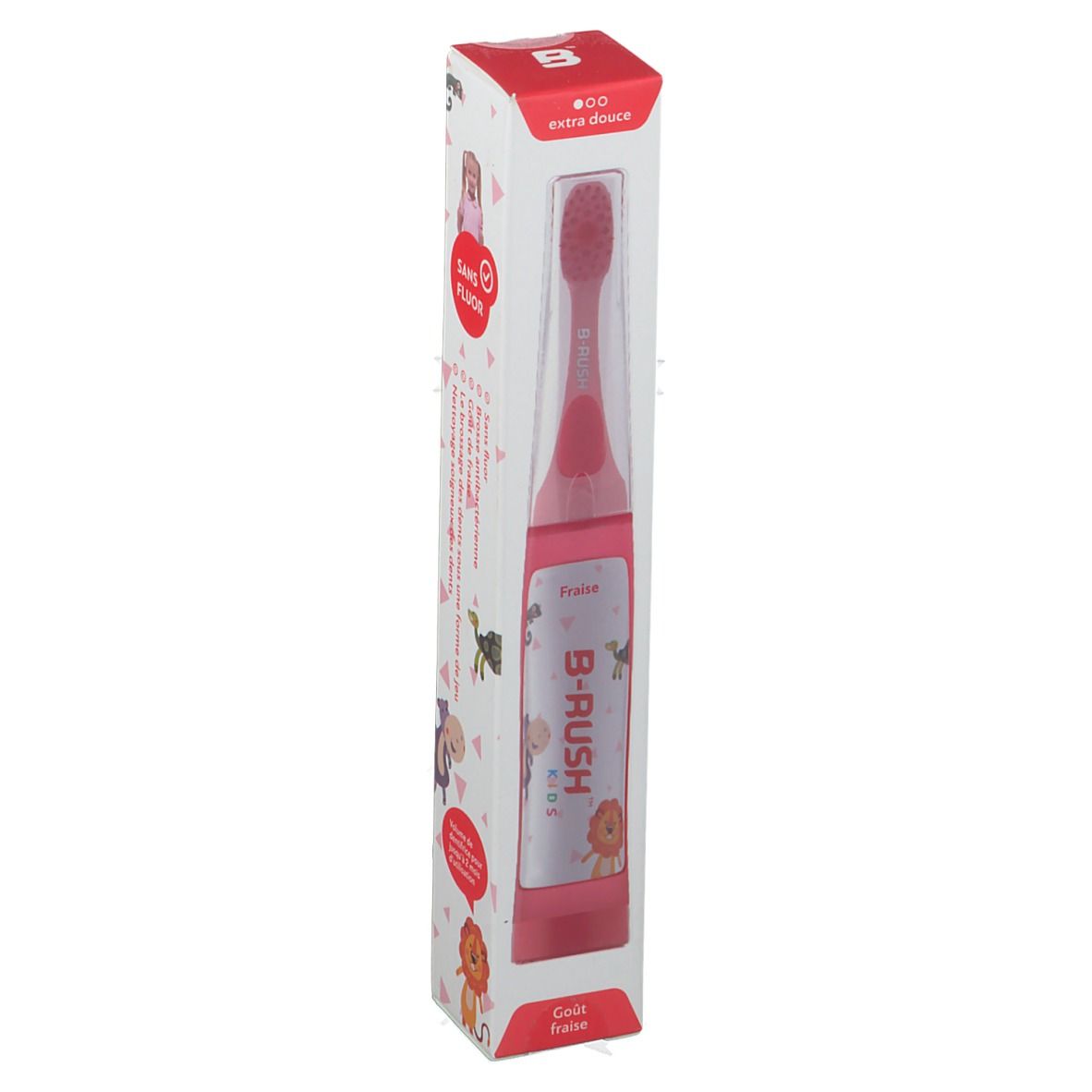 Brosse à dents pour enfants dans son emballage. B-RUSH Kids, goût fraise. Brosse rouge, emballage transparent.