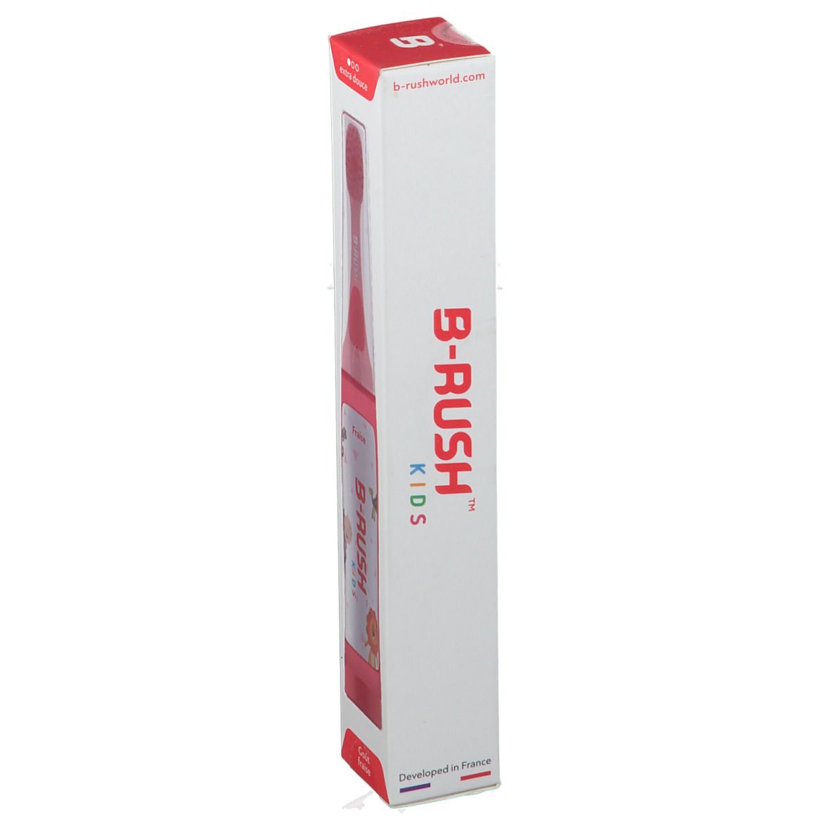 Emballage de brosse à dents B-RUSH Kids. Blanc avec texte rouge. Développé en France. B-rushworld.com.