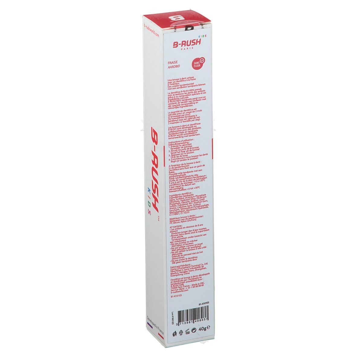 Dos de l'emballage de la brosse à dents B-RUSH Kids. Blanc avec texte rouge. Texte multilingue. 40g.