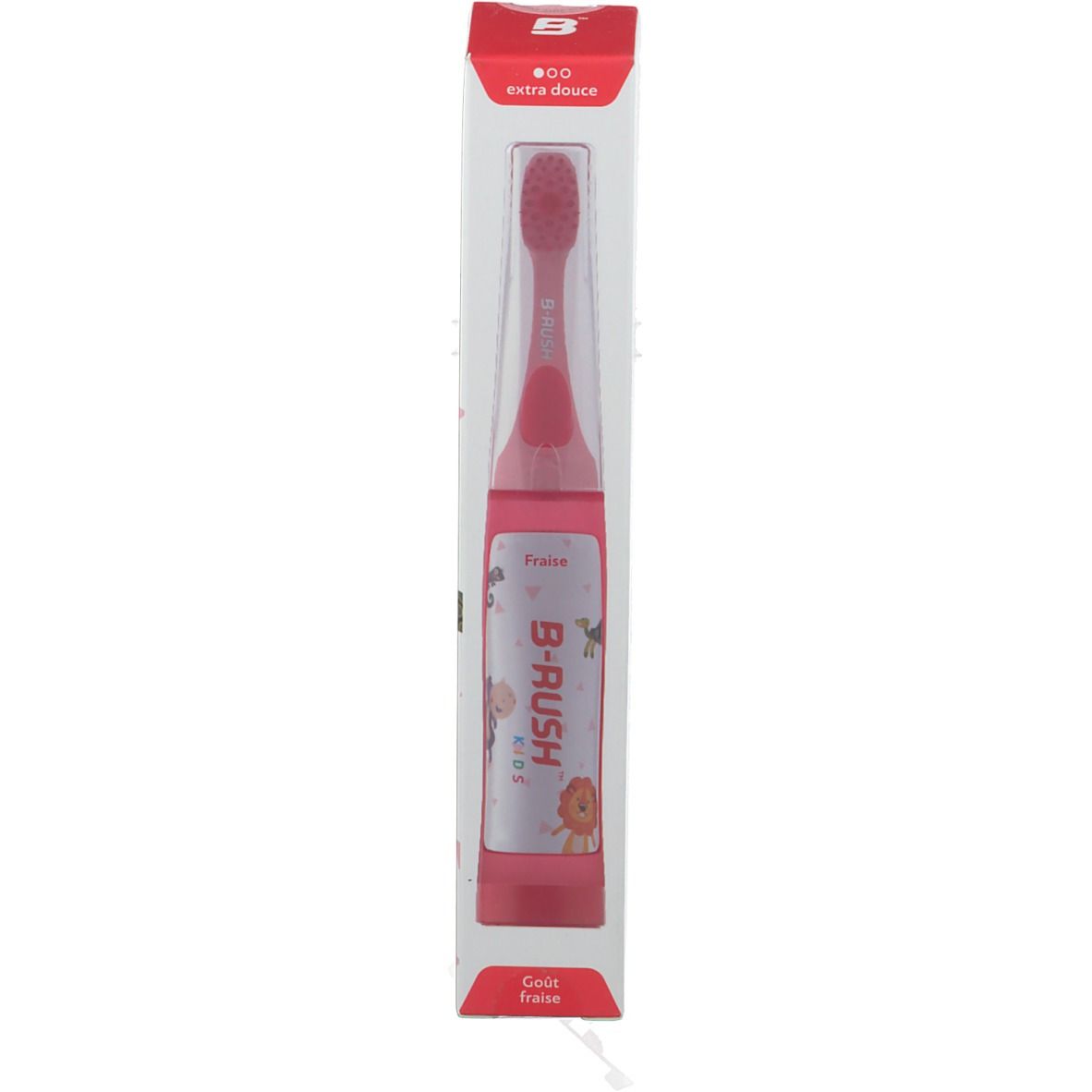 Brosse à dents pour enfants dans son emballage. B-RUSH Kids, goût fraise. Brosse rouge, emballage transparent.