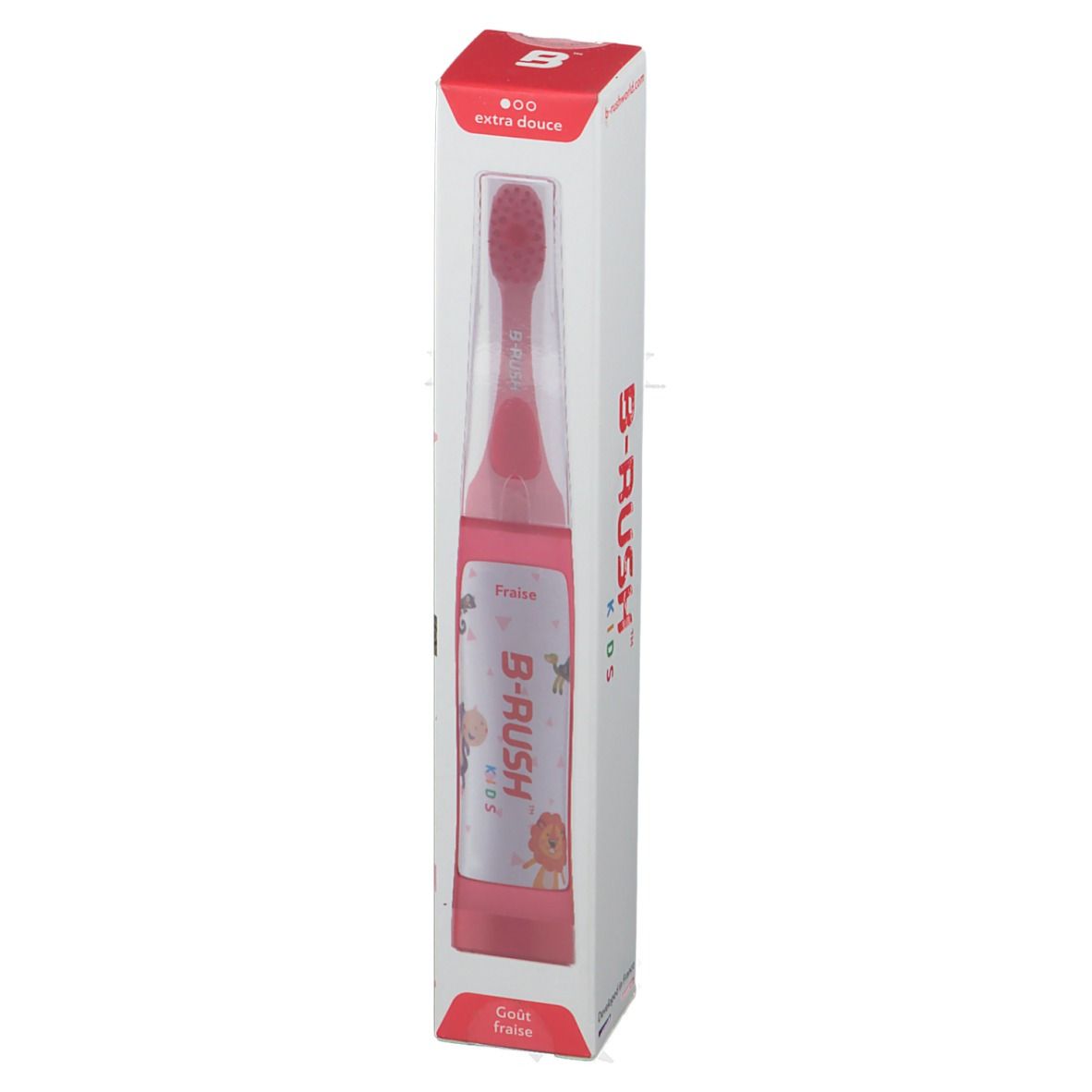 Brosse à dents pour enfants dans son emballage. B-RUSH Kids, goût fraise. Brosse rouge, emballage transparent.