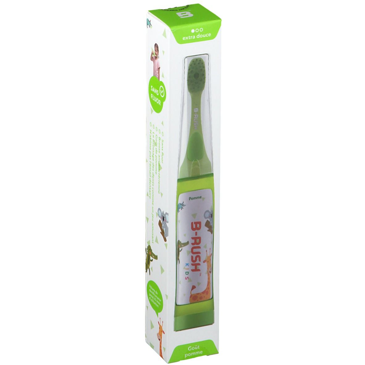 Brosse à dents dans emballage. Vert, transparent. Logo B-RUSH Kids, illustrations d'animaux. Extra douce.