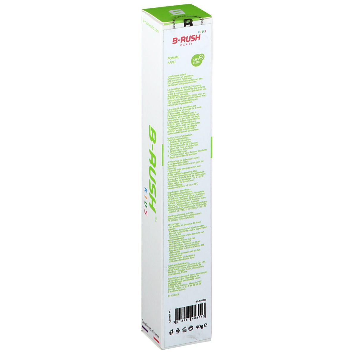 Emballage de la brosse à dents. Blanc avec accents verts. Logo B-RUSH Kids. Texte multilingue. 40g.