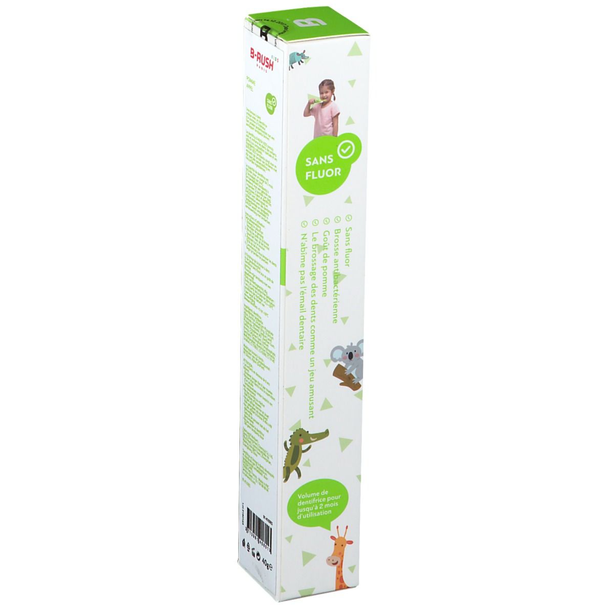 Emballage de la brosse à dents. Blanc avec accents verts. Logo B-RUSH Kids. Texte multilingue. Sans fluor.