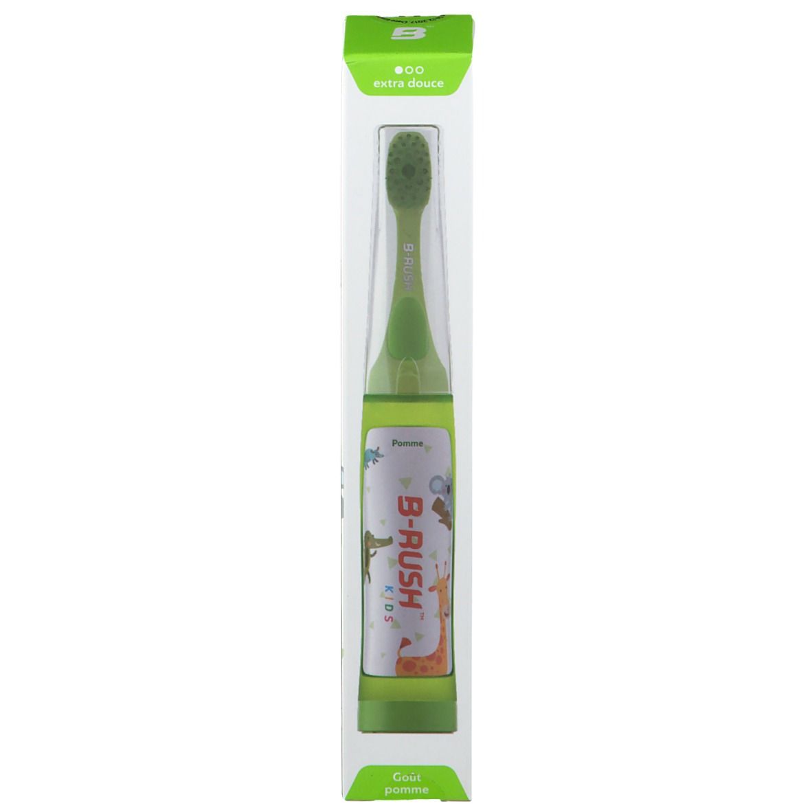 Brosse à dents dans emballage. Vert, transparent. Logo B-RUSH Kids, illustrations d'animaux. Extra douce.