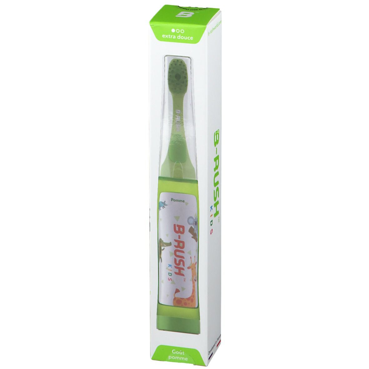 Brosse à dents dans emballage. Vert, transparent. Logo B-RUSH Kids, illustrations d'animaux. Extra douce.