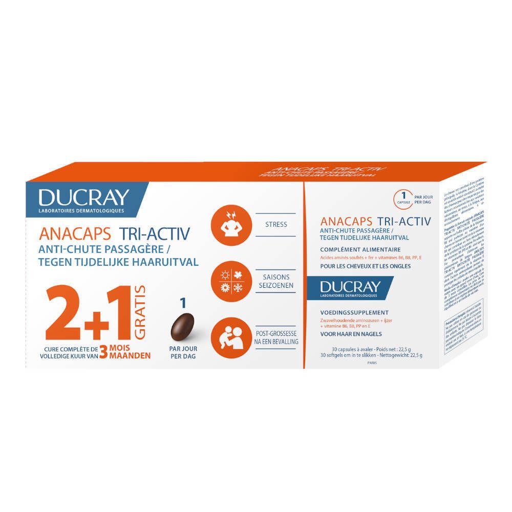 Boîte DUCRAY ANACAPS TRI-ACTIV. 2+1 gratuit. Symbole de gélule. Texte: Anti-chute passagère, cure de 3 mois.