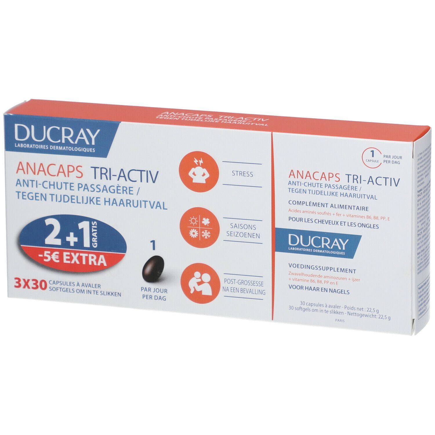 Boîte Ducray Anacaps Tri-Activ. Contient 3x30 gélules. Inscription: Anti-chute, 2+1 gratuit, -5€ extra. Avec illustrations.
