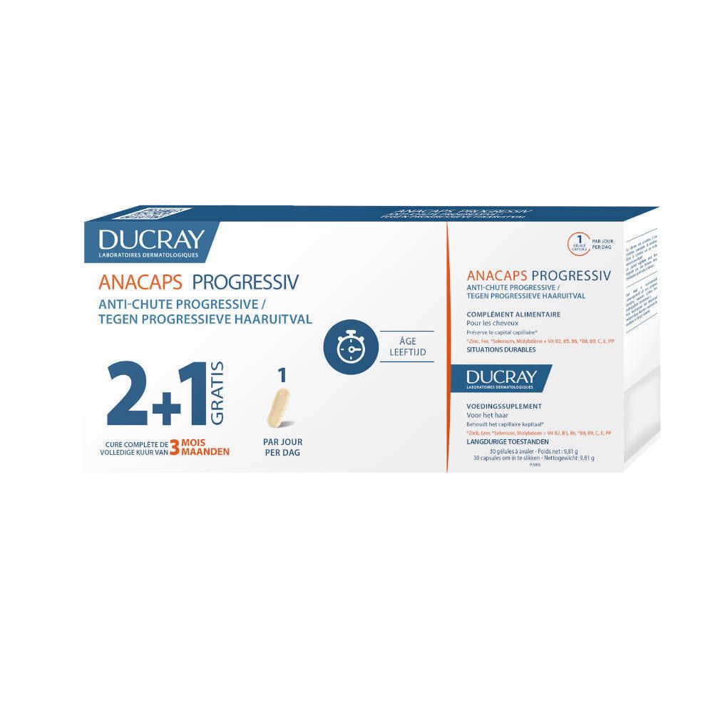 DUCRAY Anacaps Progressiv verpakking. 2+1 gratis. Bevat capsules. Blauw en witte verpakking met productnaam en logo's.