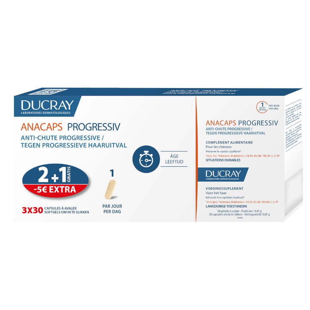 Ducray Anacaps Progressiv Packung. Enthält 3x30 Kapseln. Aufschrift: Anti-Haarausfall. 2+1 gratis. 1 Kapsel pro Tag.