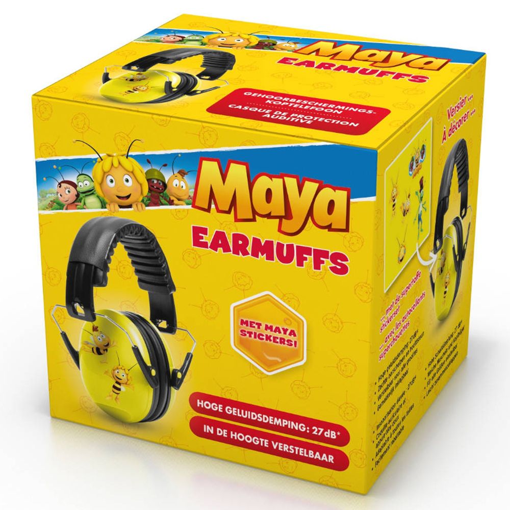 Casque de protection auditive jaune dans son emballage. Inscription: Maya EARMUFFS. Atténuation du bruit: 27 dB. Réglable en hauteur.