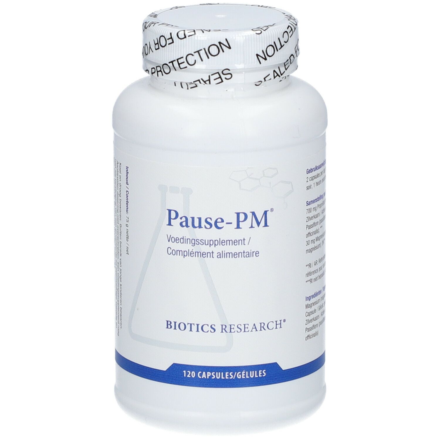 Witte fles met 'Pause-PM' en 'Biotics Research'. 120 capsules. Verzegeling op de dop.