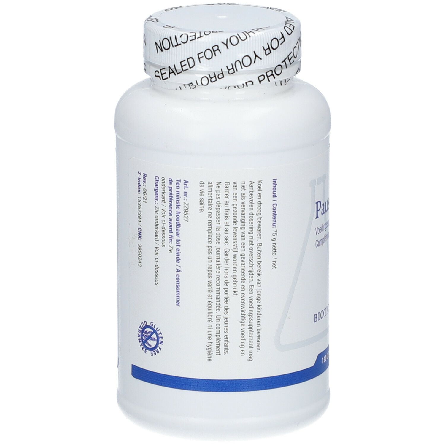 Achterkant van de witte fles. Tekst met ingrediënten en gebruiksaanwijzing. 'Biotics Research' logo.