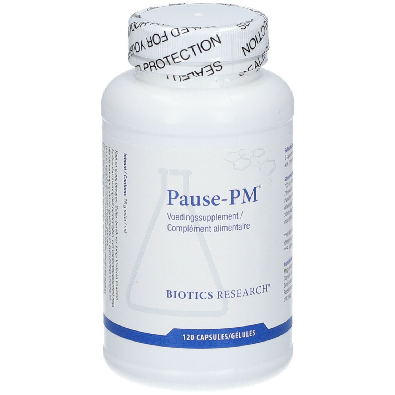 Witte fles met 'Pause-PM' en 'Biotics Research'. 120 capsules. Verzegeling op de dop.