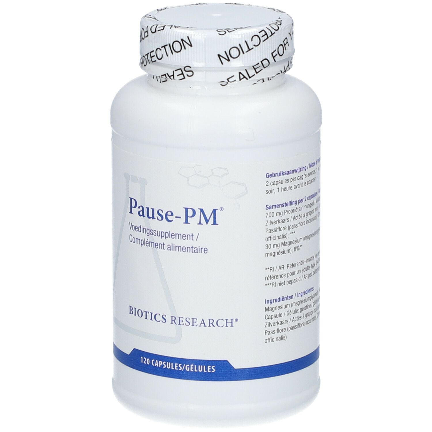 Witte fles met 'Pause-PM' en 'Biotics Research'. 120 capsules. Verzegeling op de dop.