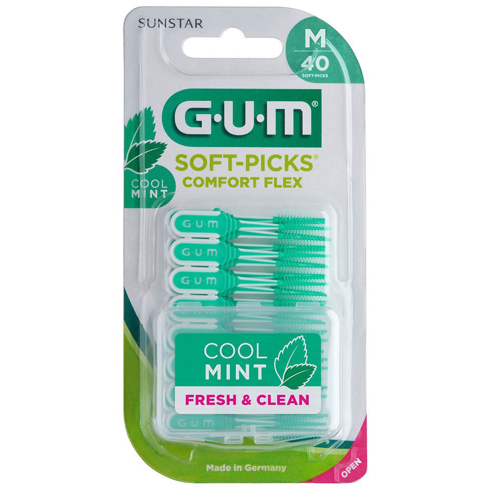 GUM Soft-Picks Comfort Flex. Verpakking van 40 stuks. Groene, flexibele borstels in transparante plastic verpakking. Muntsmaak.