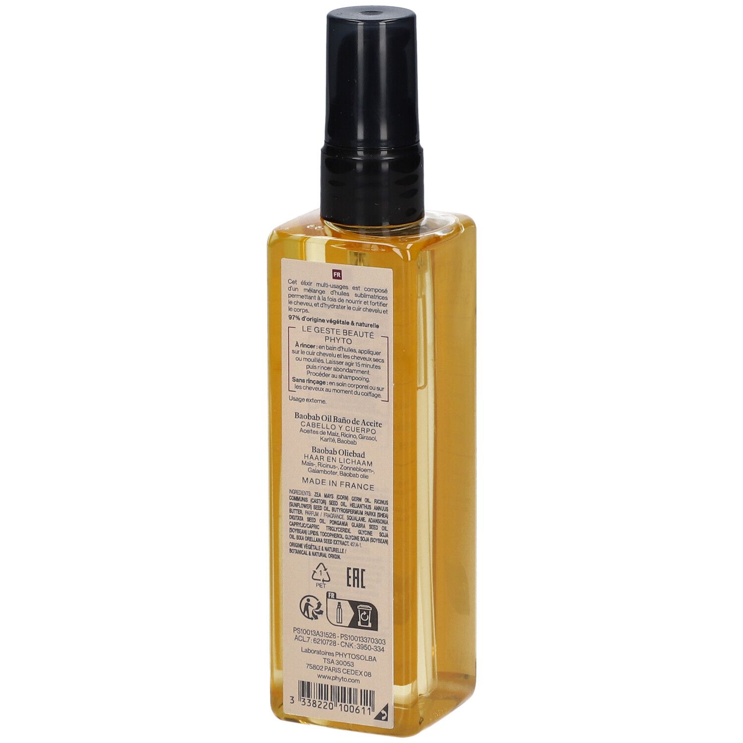 Rückseite der Flasche. Text: Baobab Oil, Inhaltsstoffe, Hergestellt in Frankreich. EAN-Code und Recycling-Symbole.