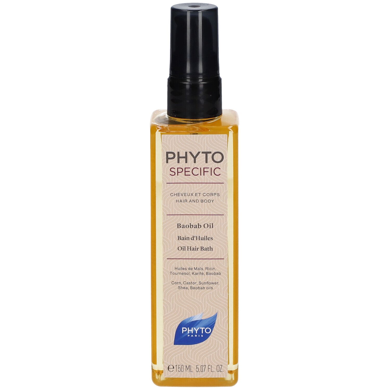 Rechteckige Flasche mit schwarzem Sprühkopf. Aufschrift: PHYTOSPECIFIC, Baobab Oil, Ölbad. 150 ml.