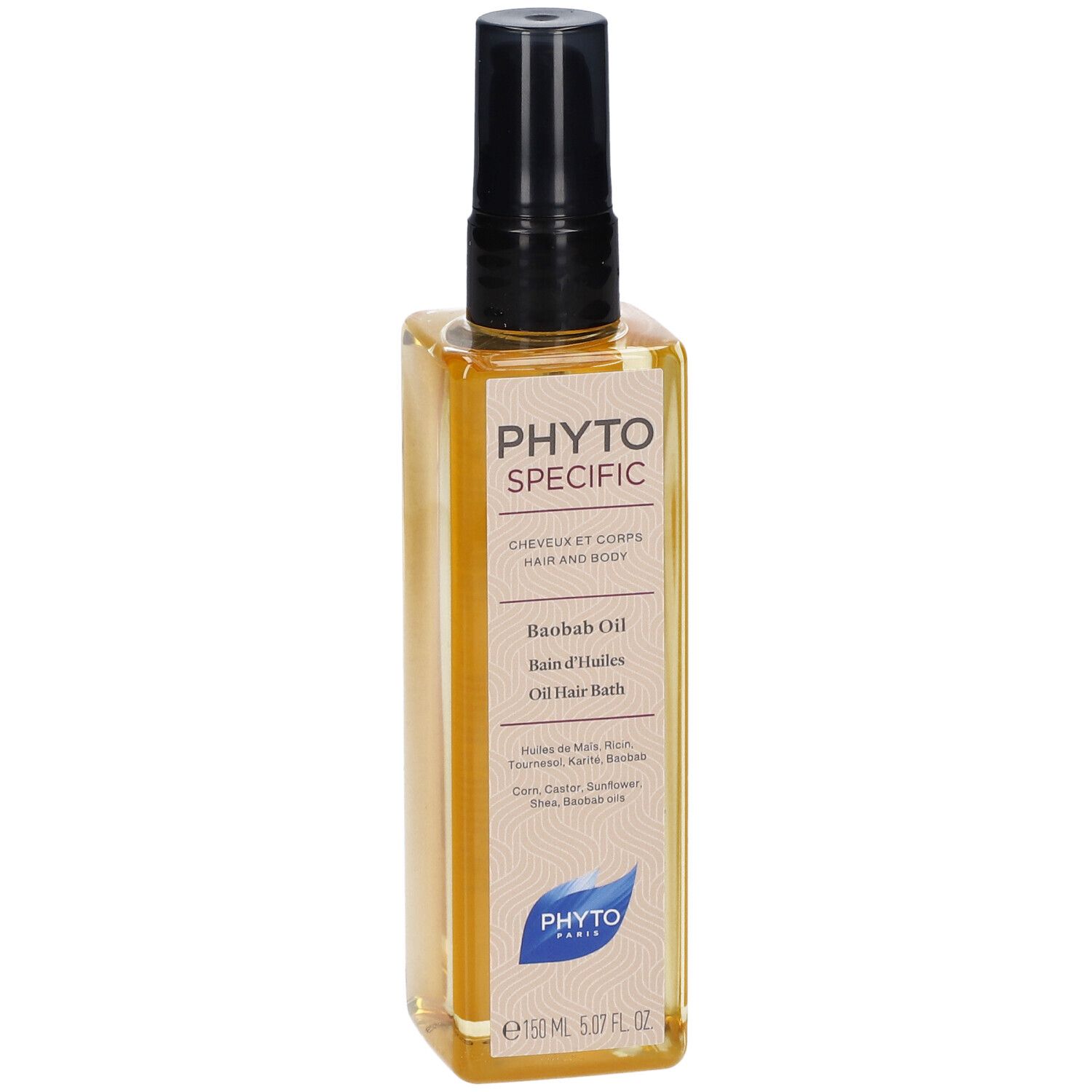 Rechteckige Flasche mit schwarzem Sprühkopf. Aufschrift: PHYTOSPECIFIC, Baobab Oil, Ölbad. 150 ml.