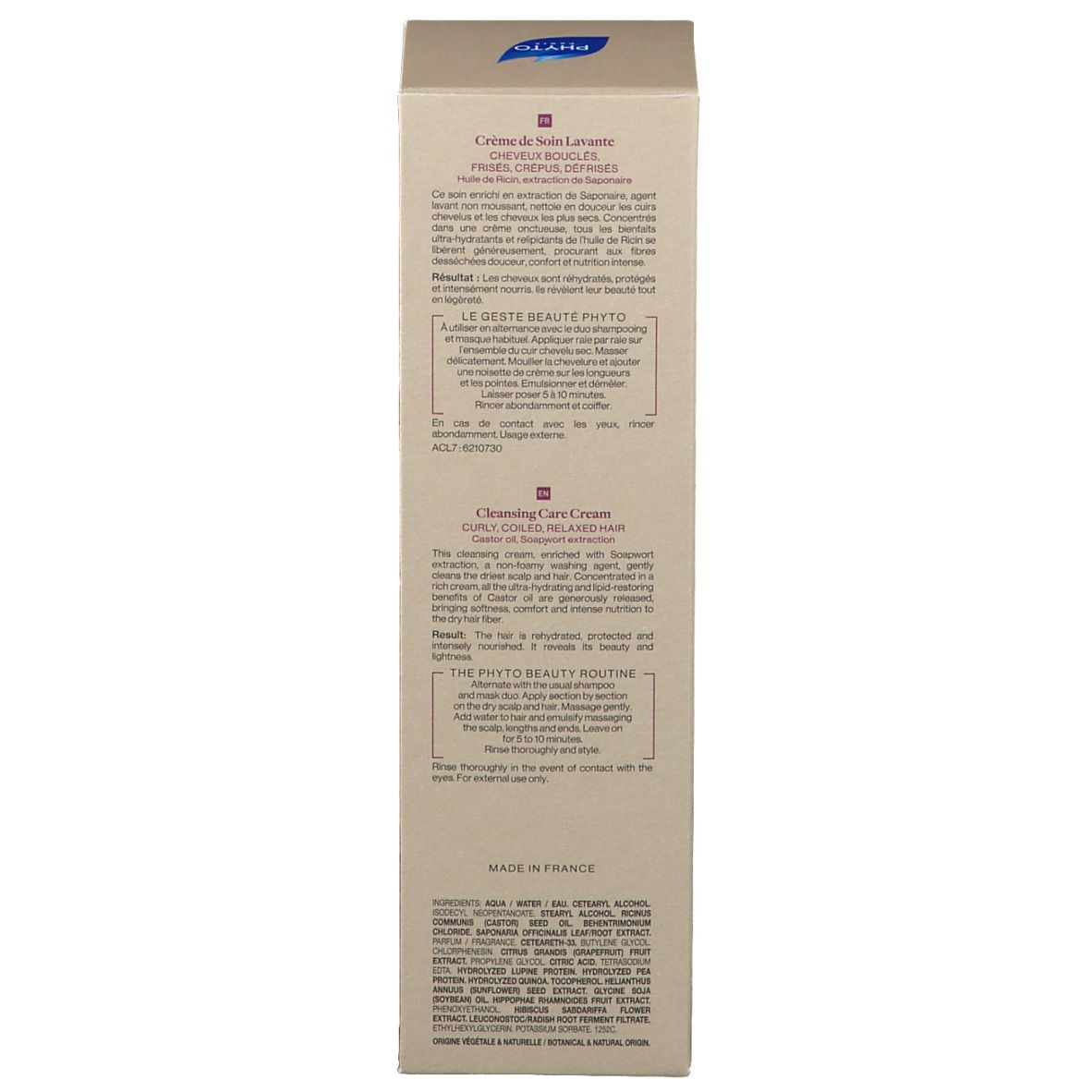 Boîte en carton. Texte en français. Crème de Soin Lavante. Logo. Ingrédients. Fabriqué en France.