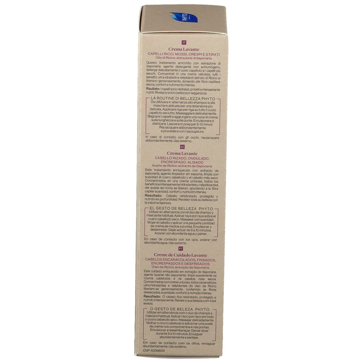 Boîte en carton. Texte en italien. Crema Lavante. Logo. Ingrédients. Fabriqué en France.