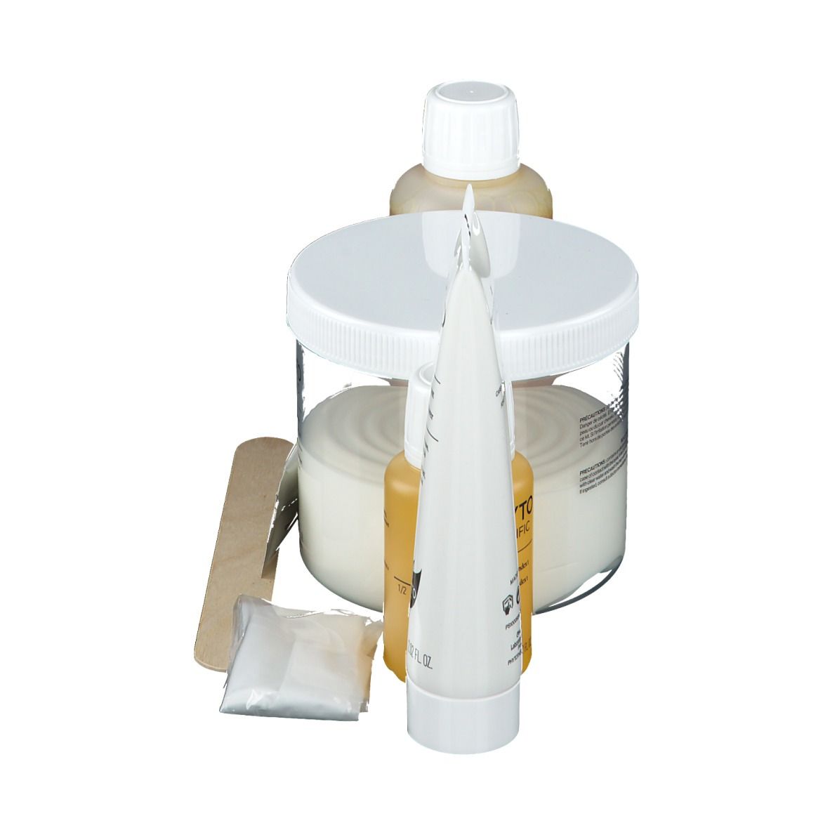 Verschiedene Behälter und Zubehör. Enthält Flaschen, Tiegel, Tube, Beutel und Spatel. Aufschrift PHYTO SPECIFIC.