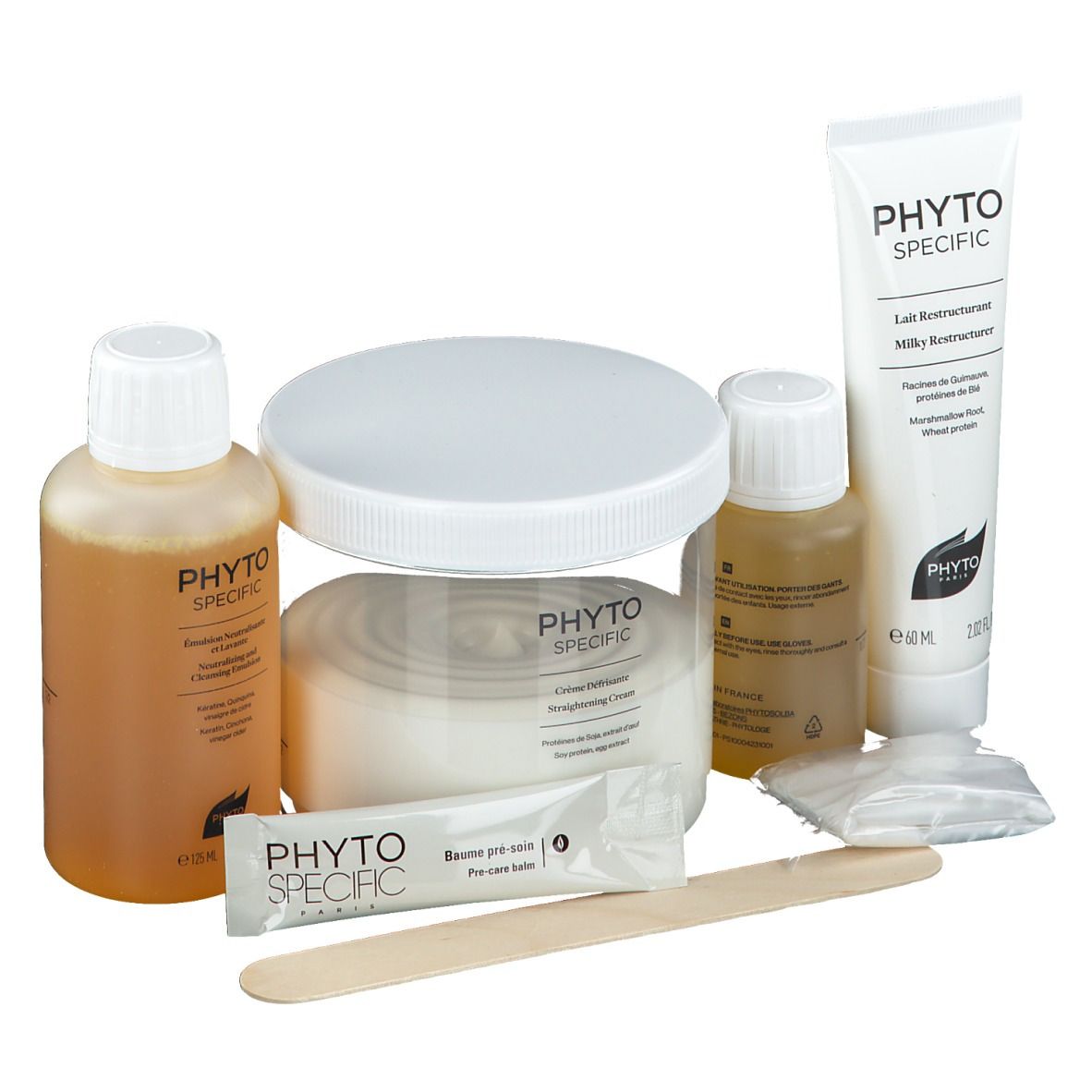Set mit mehreren Behältern und Zubehör. Enthält Flaschen, Tiegel, Tube, Beutel und Spatel. Aufschrift PHYTO SPECIFIC.