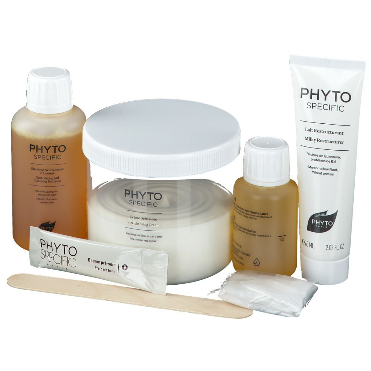 Set mit mehreren Behältern und Zubehör. Enthält Flaschen, Tiegel, Tube, Beutel und Spatel. Aufschrift PHYTO SPECIFIC.