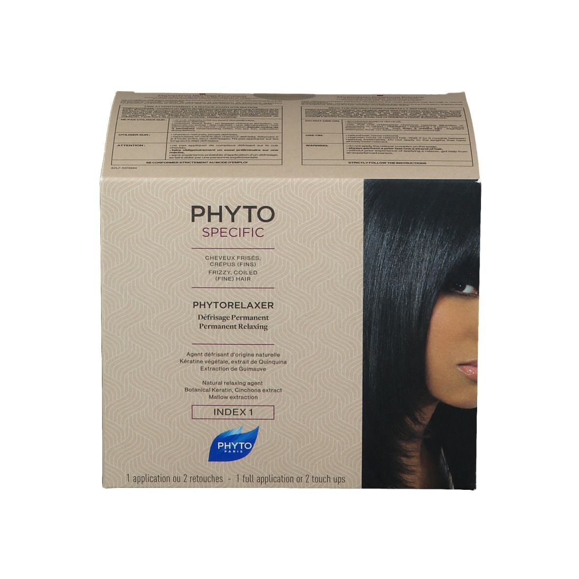 Karton mit Produktinformationen und dem Logo PHYTO SPECIFIC. Enthält Text und ein Bild einer Frau mit glattem Haar.