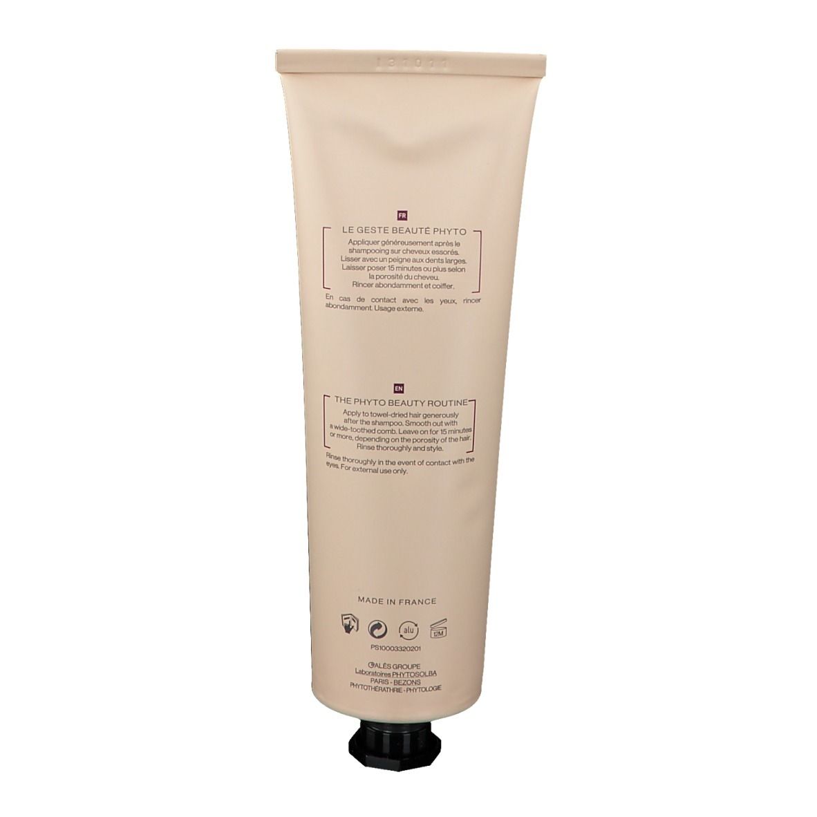 Dos d'un tube beige. Texte: Le geste beauté PHYTO, The PHYTO beauty routine. Fabriqué en France. Logo.