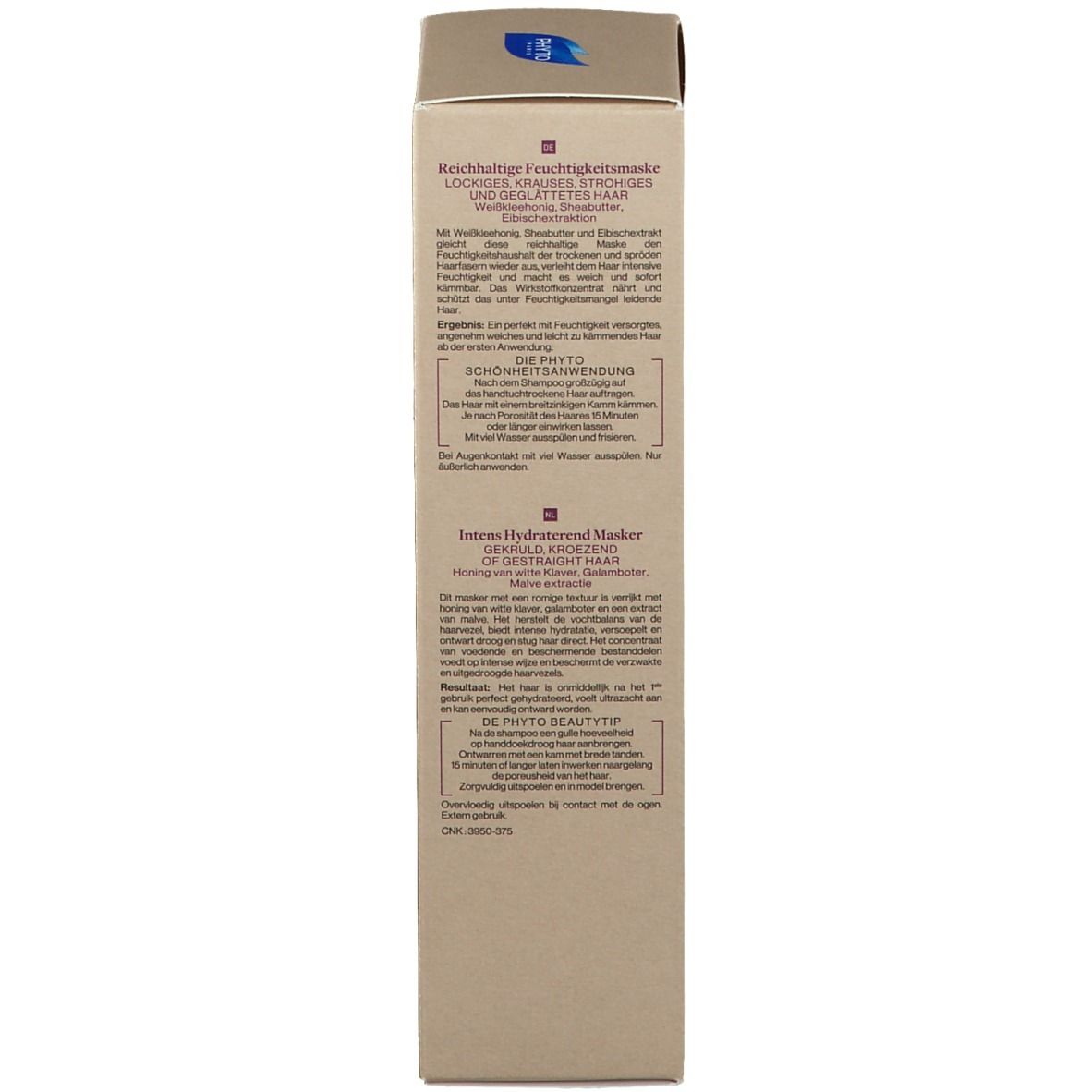 Dos de l'emballage en carton. Texte en français: Masque Hydratation Riche. Instructions d'utilisation, ingrédients. Logo.