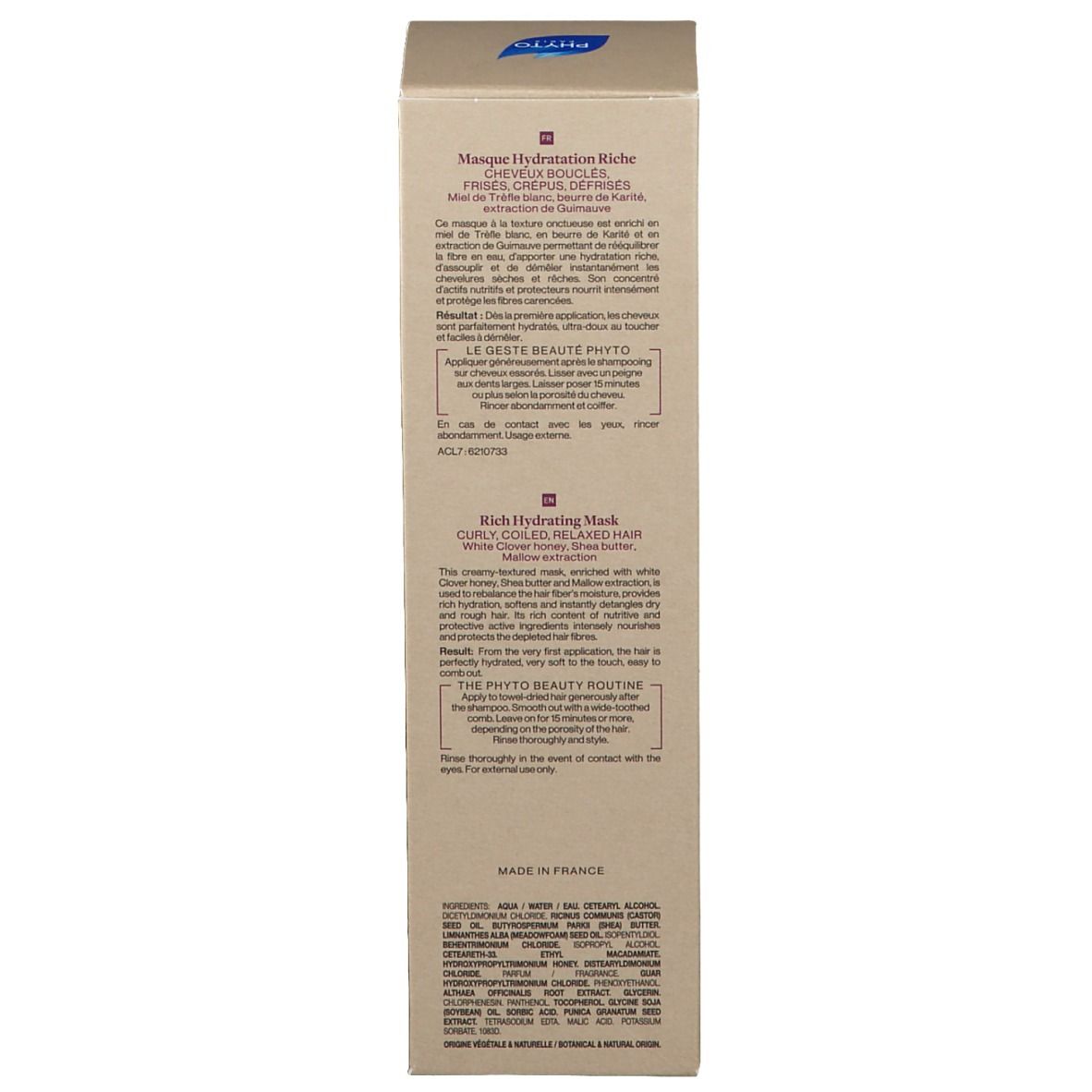 Dos de l'emballage en carton. Texte en français: Masque Hydratation Riche. Instructions d'utilisation, ingrédients. Logo.