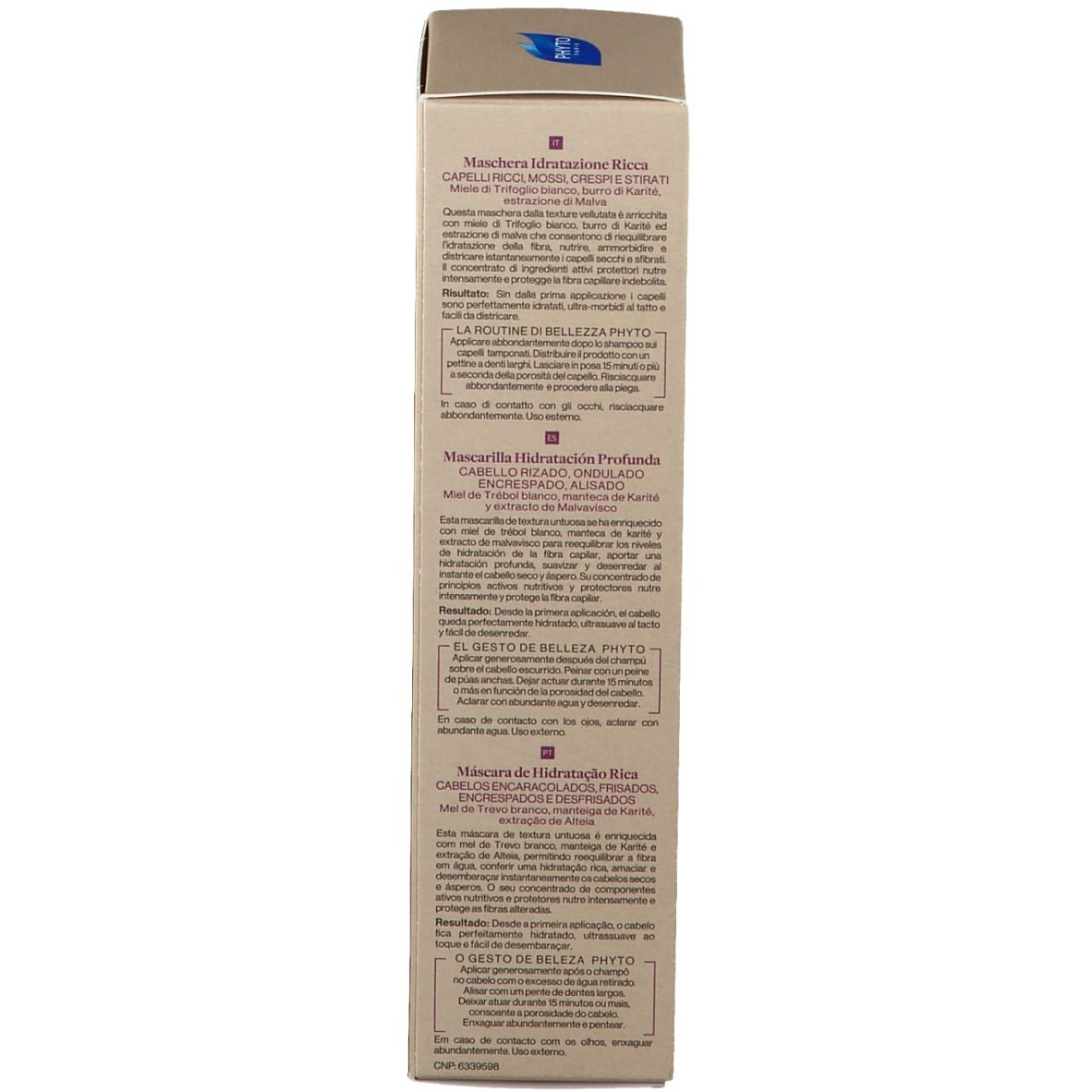 Dos de l'emballage en carton. Texte en français: Masque Hydratation Riche. Instructions d'utilisation, ingrédients. Logo.