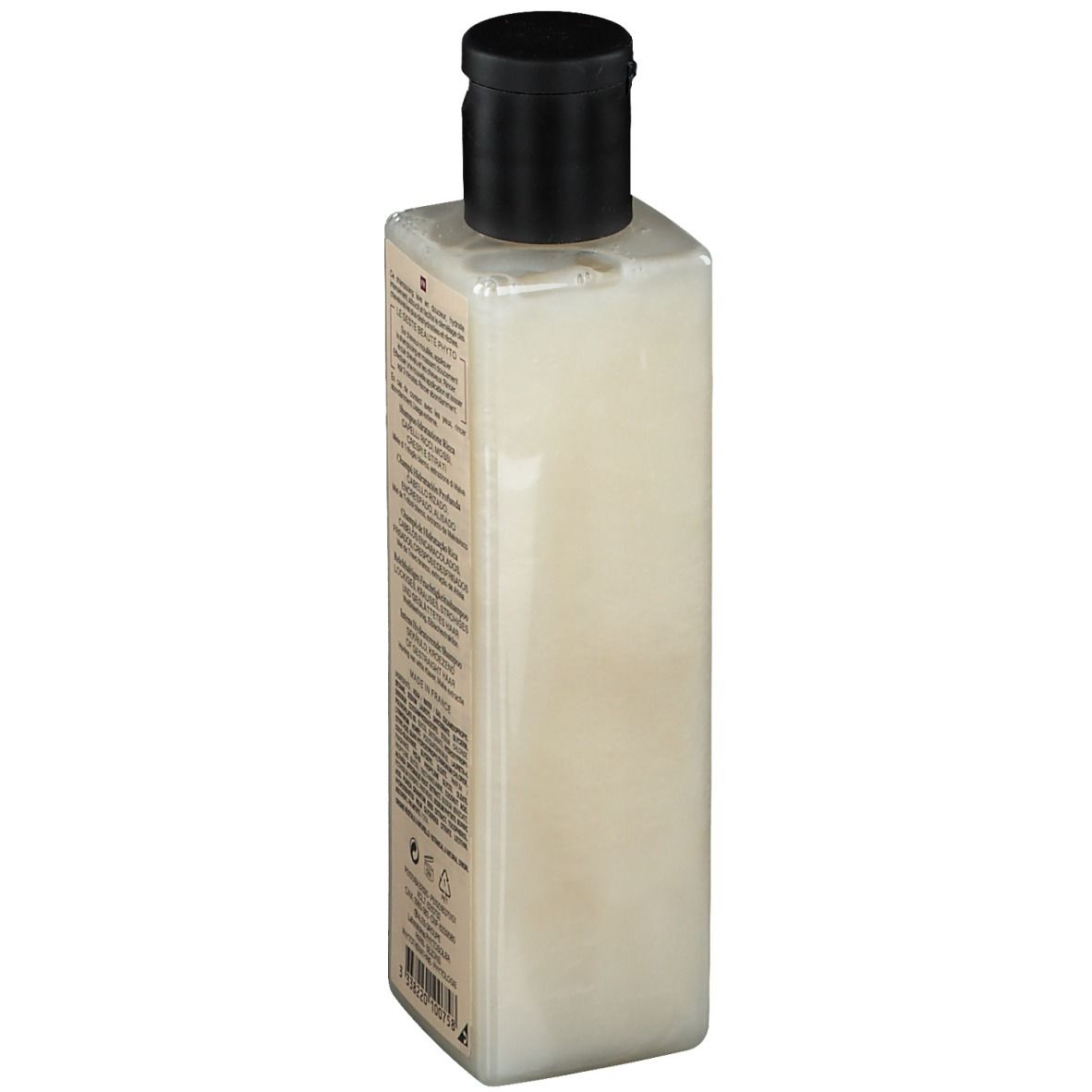 Rückseite einer rechteckigen Flasche. Text auf Etikett. Schwarzer Deckel. Produktname nicht sichtbar.