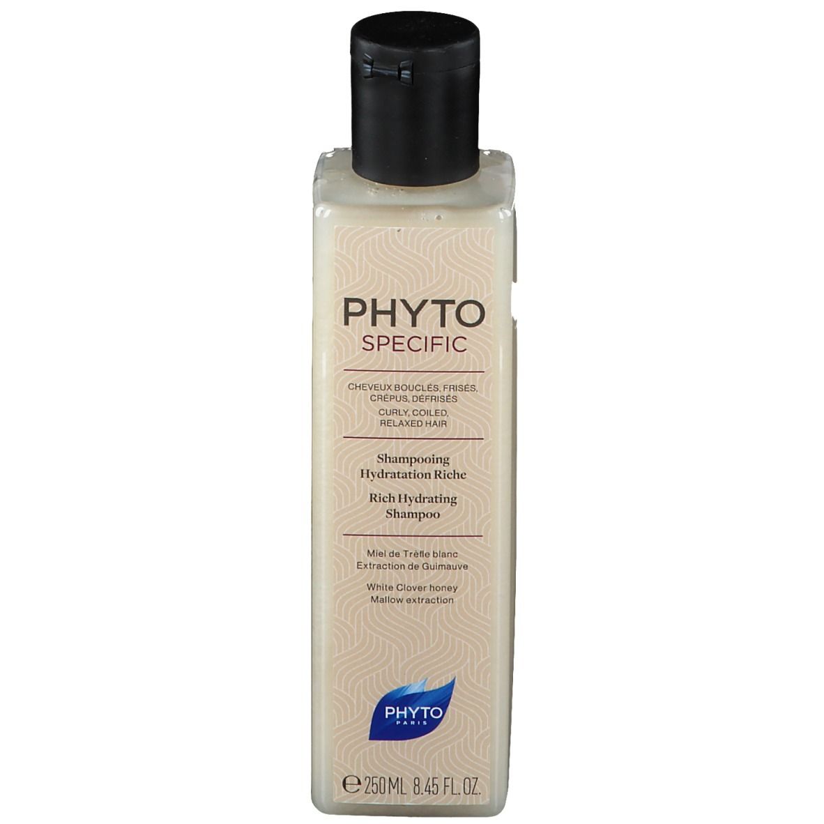 Rechteckige Flasche mit schwarzem Deckel. Aufschrift: PHYTO SPECIFIC, Rich Hydrating Shampoo. Inhalt: 250ml.