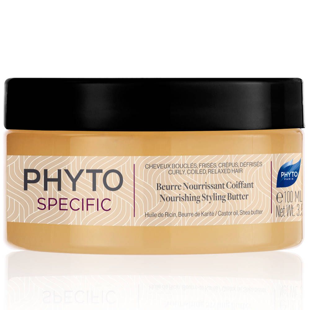 Pot de beurre nourrissant coiffant Phytospecific. Couvercle noir, contenu crème. Nom et description du produit sur l'étiquette.