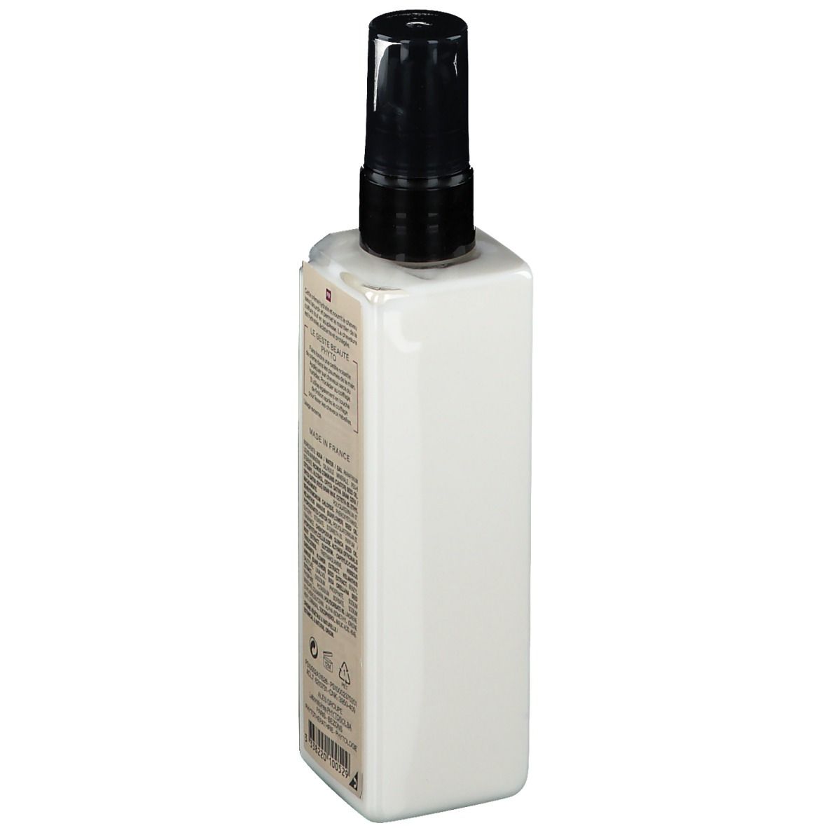 Witte fles met zwarte sproeikop. Achterkant met tekst. Opschrift: PHYTOSPECIFIC.