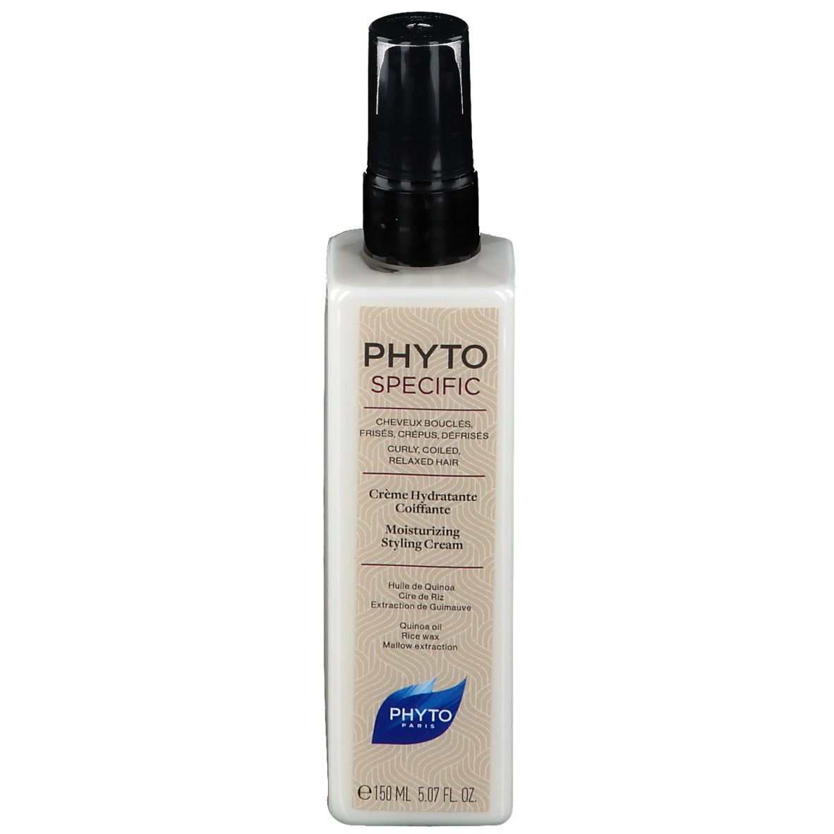 Witte fles met zwarte sproeikop. Opschrift: PHYTOSPECIFIC, Crème Hydratante Coiffante, 150 ml.