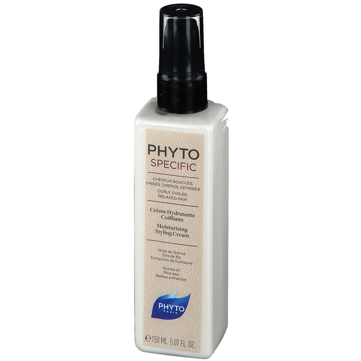 Witte fles met zwarte sproeikop. Opschrift: PHYTOSPECIFIC, Crème Hydratante Coiffante, 150 ml.