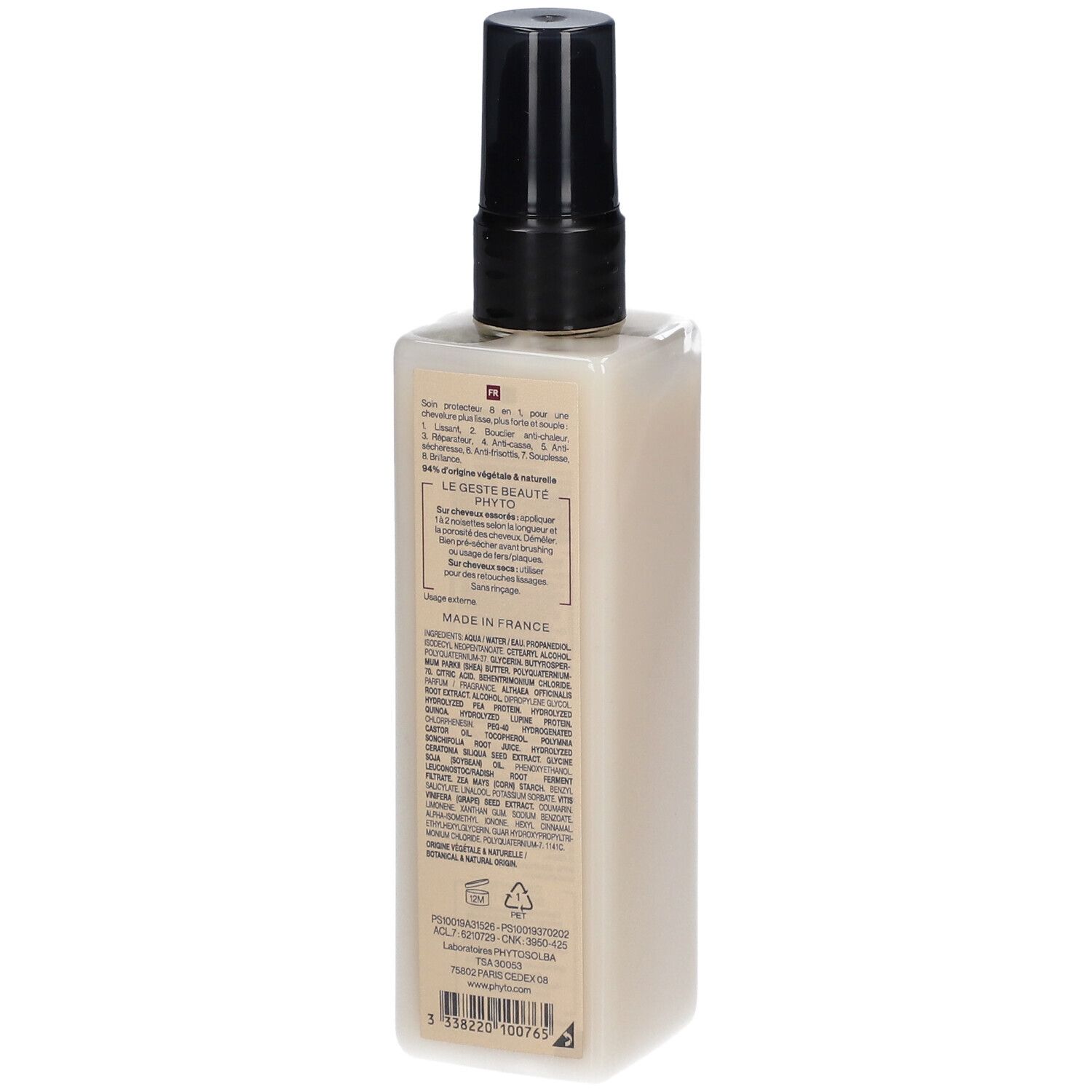 Dos d'un flacon beige avec vaporisateur noir. Texte avec ingrédients et informations fabricant. Made in France.