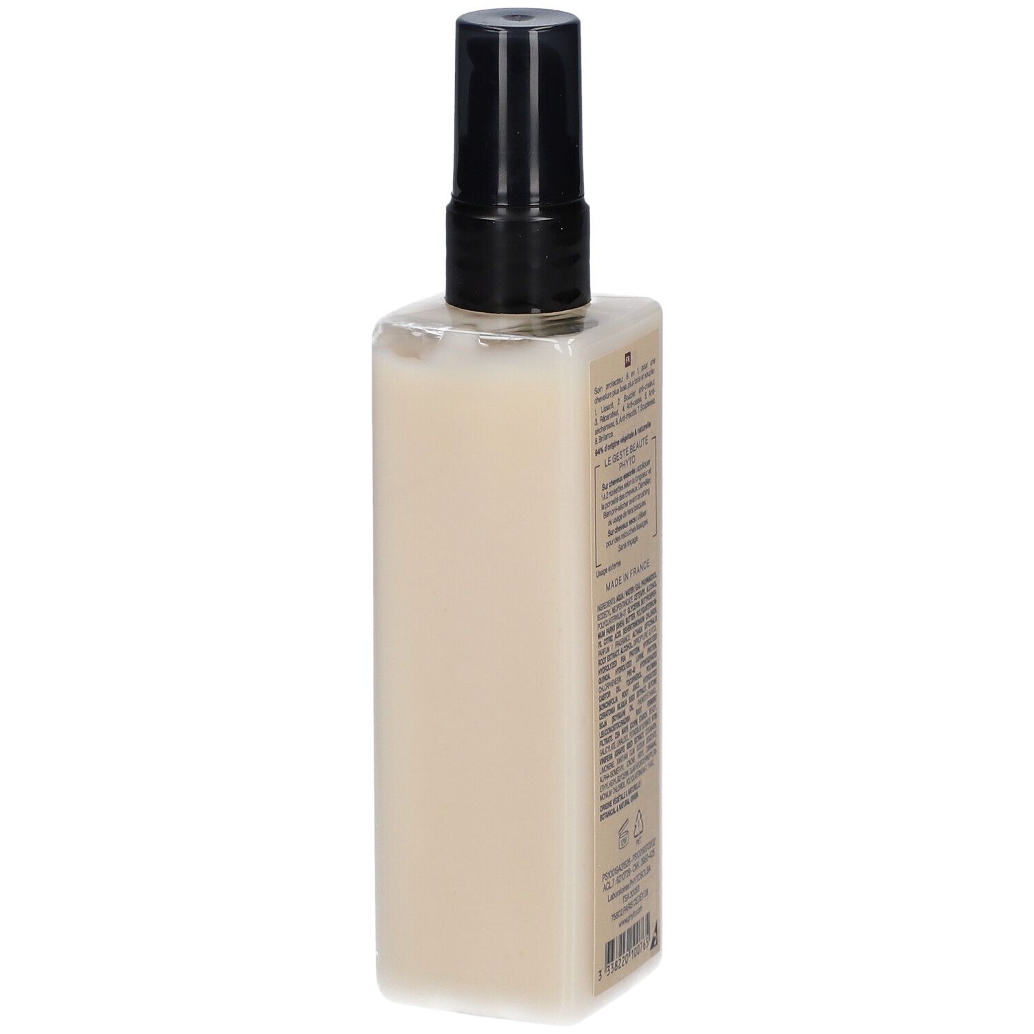 Vue latérale d'un flacon beige avec vaporisateur noir. Texte sur l'étiquette. Nom du produit illisible.