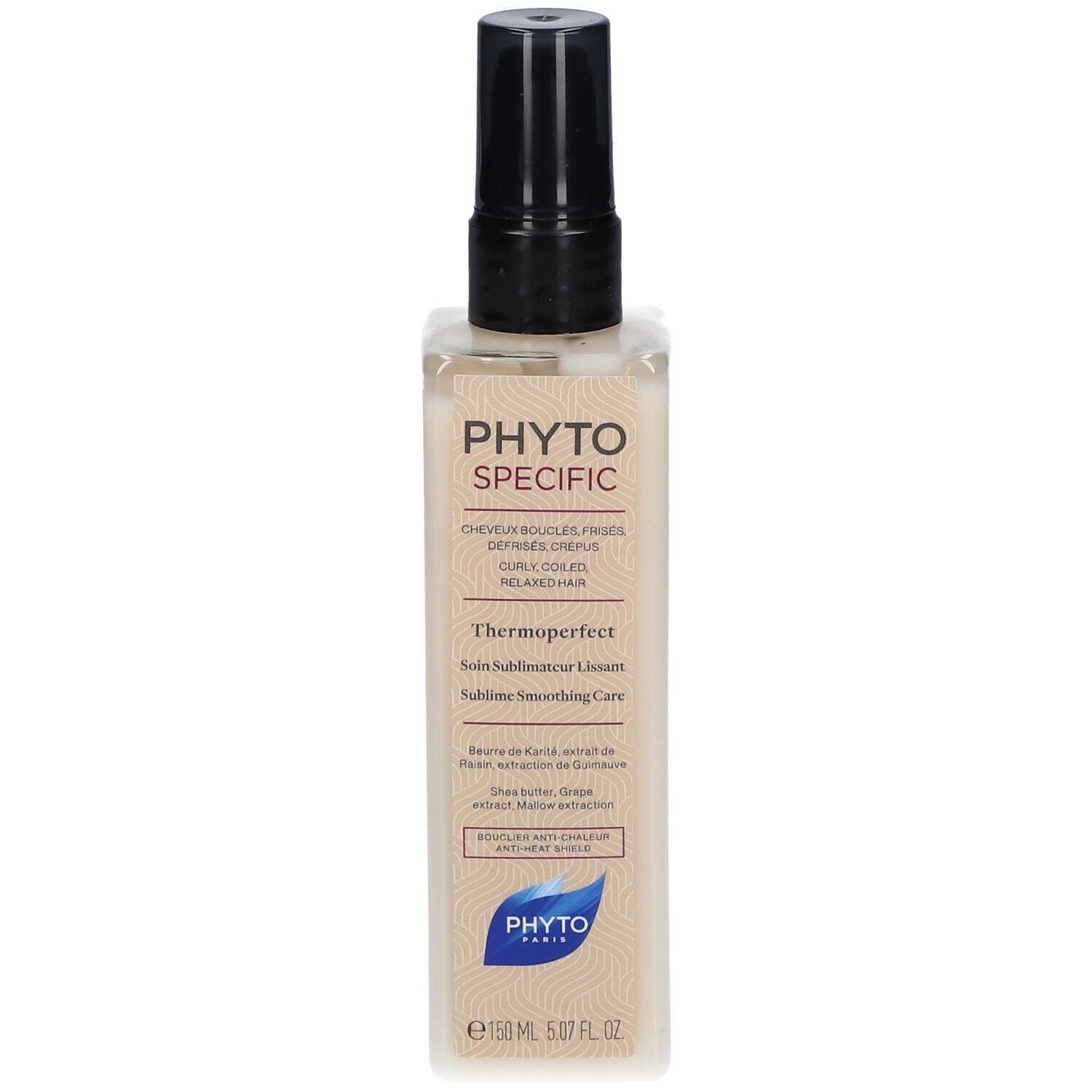 Flacon beige avec vaporisateur noir. Inscription: PHYTO SPECIFIC, Thermoperfect, 150 ml. Pour cheveux bouclés, frisés.