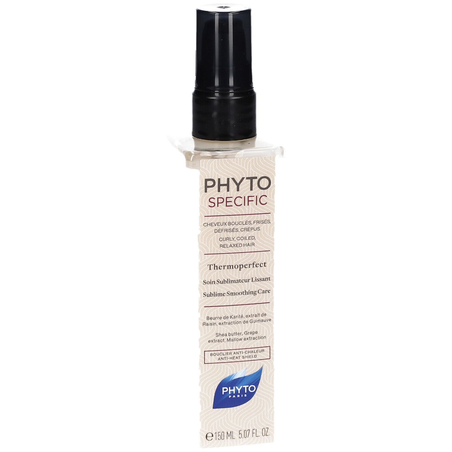 Flacon beige avec vaporisateur noir et film protecteur blanc. Inscription: PHYTO SPECIFIC, Thermoperfect, 150 ml.