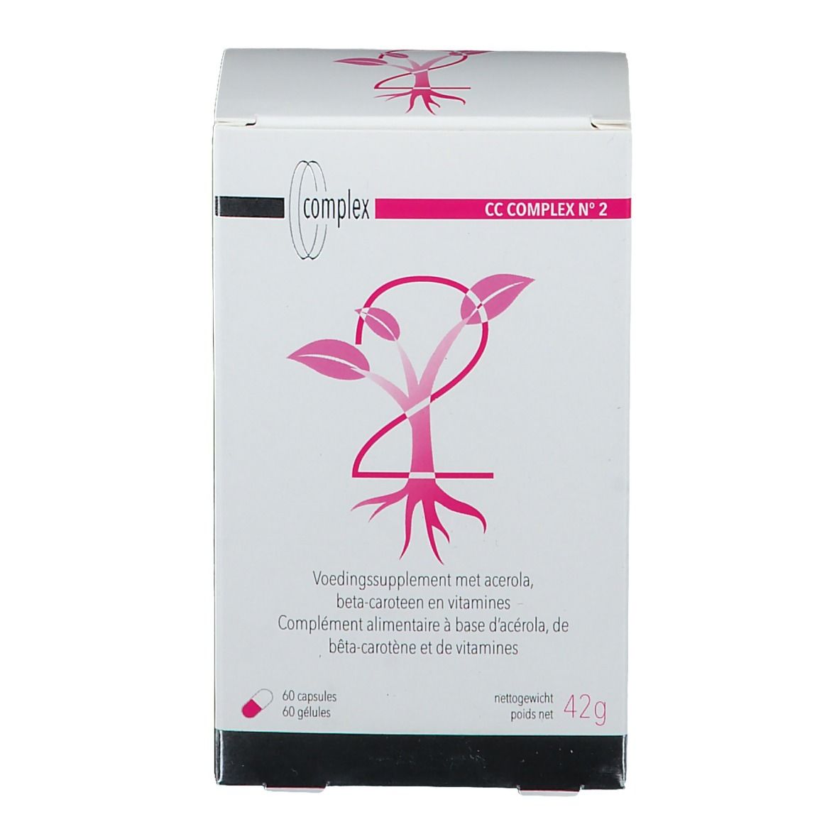 Boîte blanche avec nom et logo du produit. Contient 60 gélules. Inscriptions en plusieurs langues.