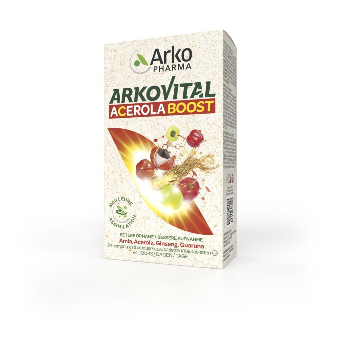 Boîte Arkovital Acerola Boost. Avec acérola, ginseng et guarana. Contient 24 comprimés.