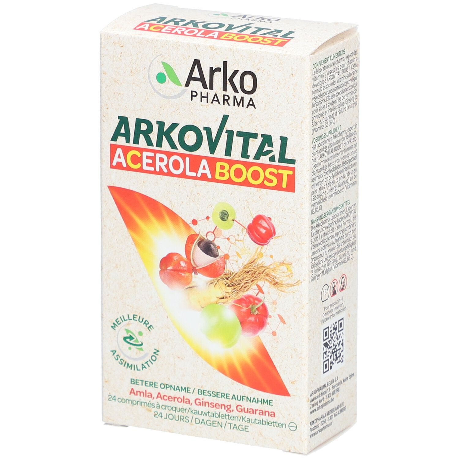 Boîte Arkovital Acerola Boost. Avec acérola, ginseng et guarana. Contient 24 comprimés.