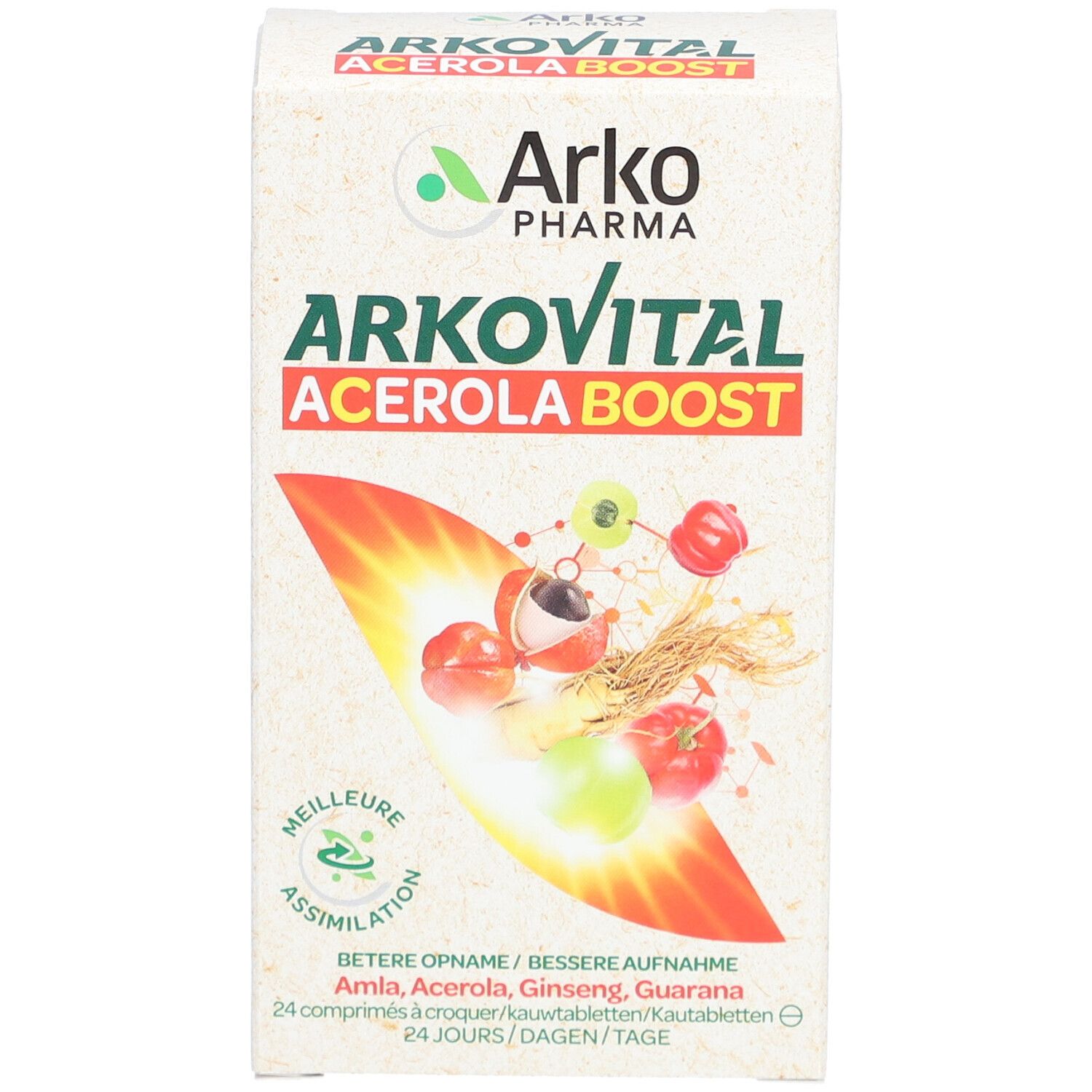 Boîte Arkovital Acerola Boost. Avec acérola, ginseng et guarana. Contient 24 comprimés.