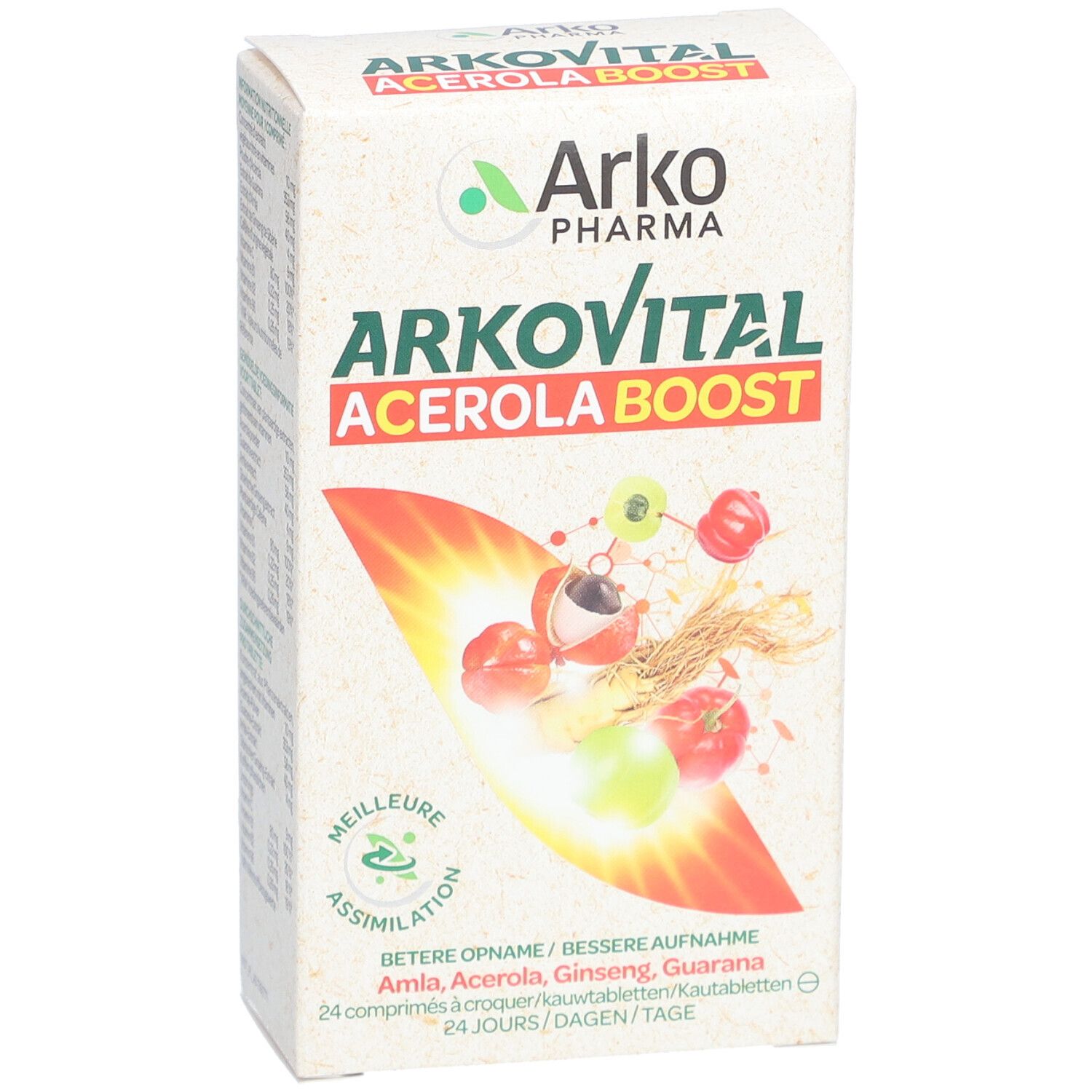 Boîte Arkovital Acerola Boost. Avec acérola, ginseng et guarana. Contient 24 comprimés.