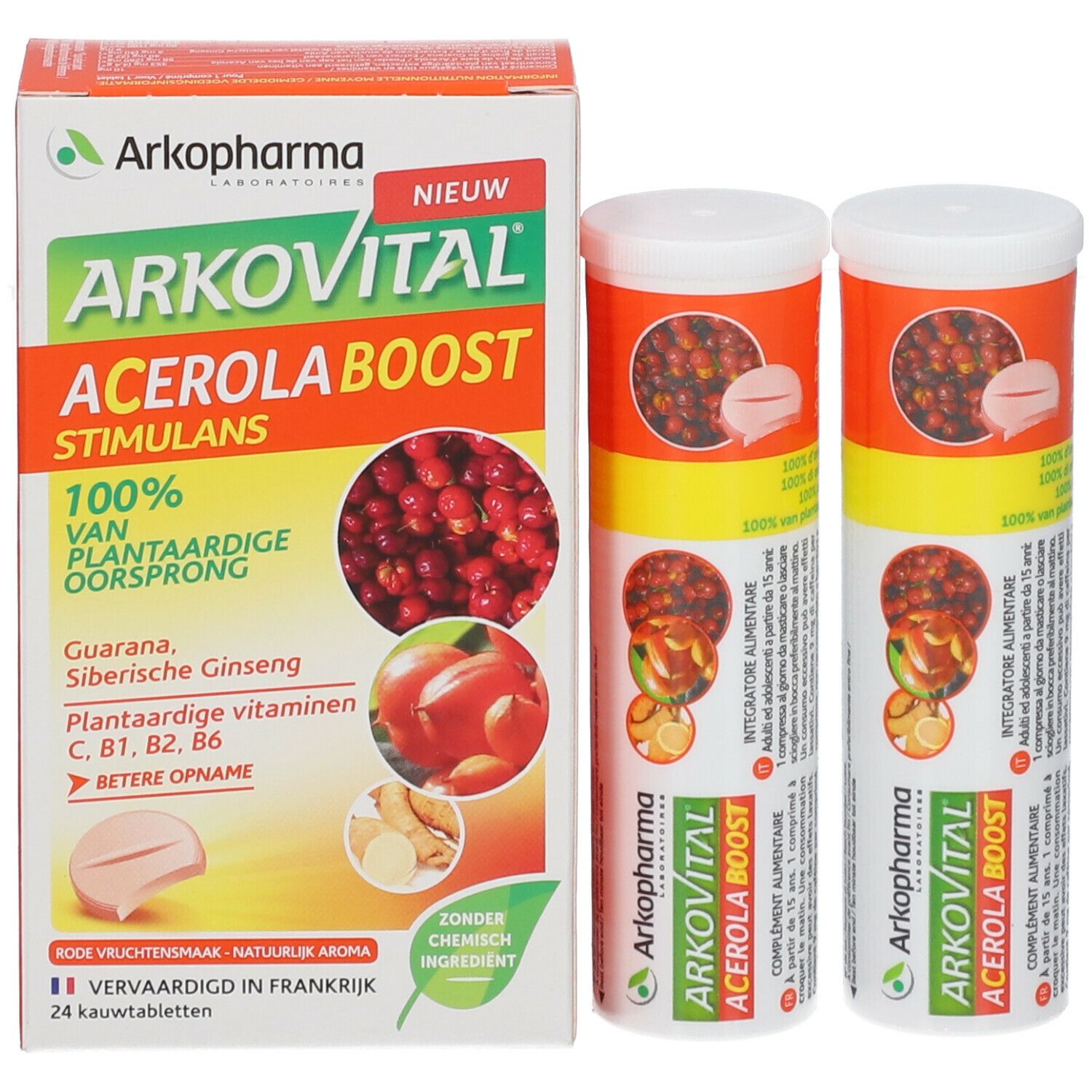 Boîte Arkovital Acerola Boost. Avec 2 tubes de comprimés. Contient acérola, ginseng et vitamines.