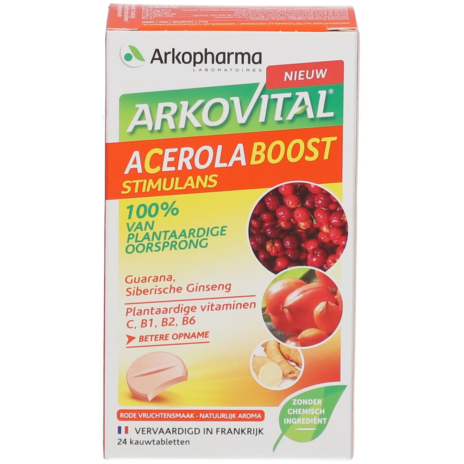 Boîte Arkovital Acerola Boost. Avec acérola, ginseng et guarana. Contient 24 comprimés.